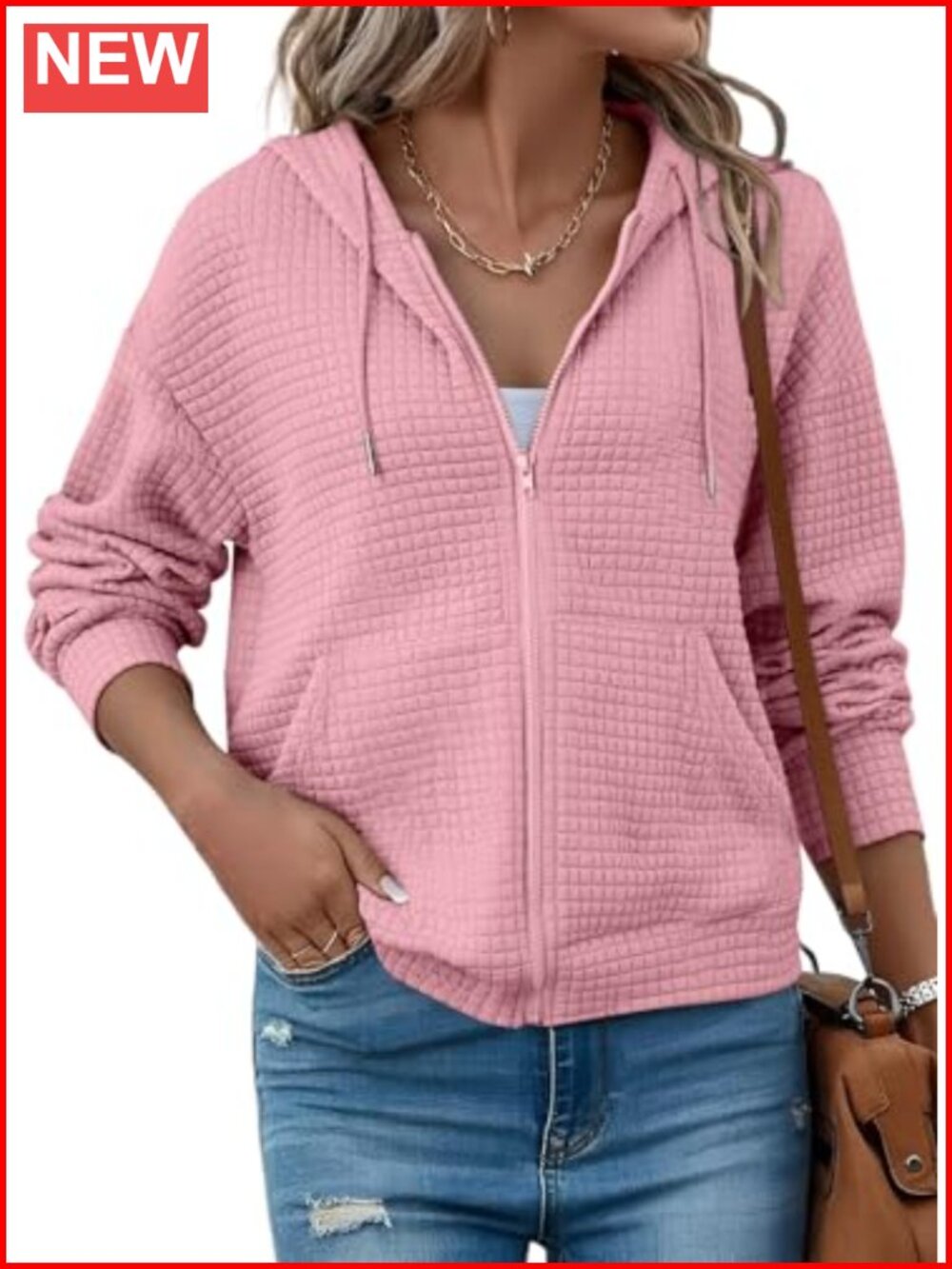 Women's Oversized Zip Up Hoodie Waffle Knit Sweatshirt Casual Fall Jacket
